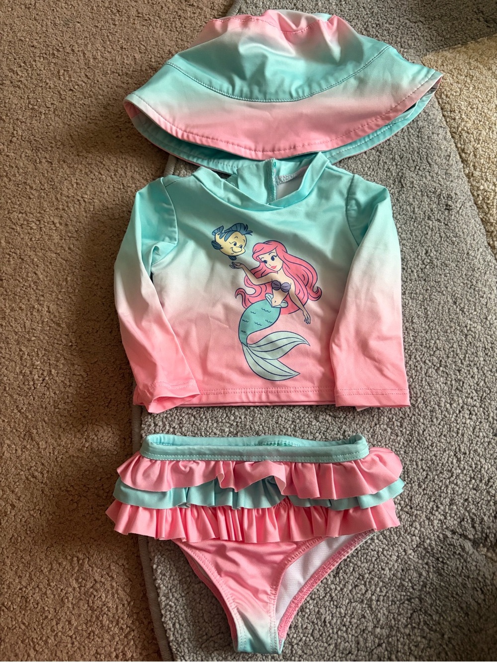 Disney Girls' Ariel Ruffle Rash Guard Swim Set in Pink & Aqua